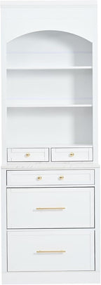 JIJIWANG Modern 83.7inch High Kitchen Pantry, Freestanding Tall Kitchen Hutch with Faux Marble Top, Display Cupboard Cabinet with 5 Storage Drawers and Adjustable Shelf, White