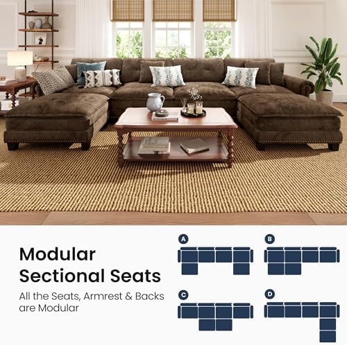 PHI VILLA 150" Oversized Modular Sectional Couch U Shaped for Living Room | Mid-Century Modern 6-Seater Cloud Sofa, Grayish Brown, Rolled Arms & Nailhead Trim, Wider & Deeper Seats, Ottoman, Chenille