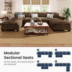 PHI VILLA 150" Oversized Modular Sectional Couch U Shaped for Living Room | Mid-Century Modern 6-Seater Cloud Sofa, Grayish Brown, Rolled Arms & Nailhead Trim, Wider & Deeper Seats, Ottoman, Chenille