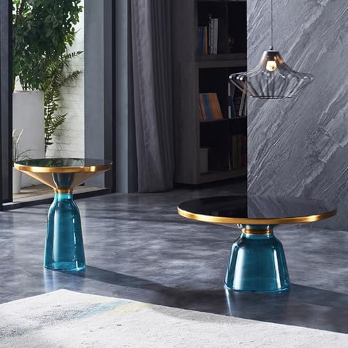 Small Glass Side Table for Living Room – Modern Round End Table with Hand-Blown Glass Base, Tempered Glass Top, Carbon Steel Frame – Accent Table for Bedroom Sofa Couch