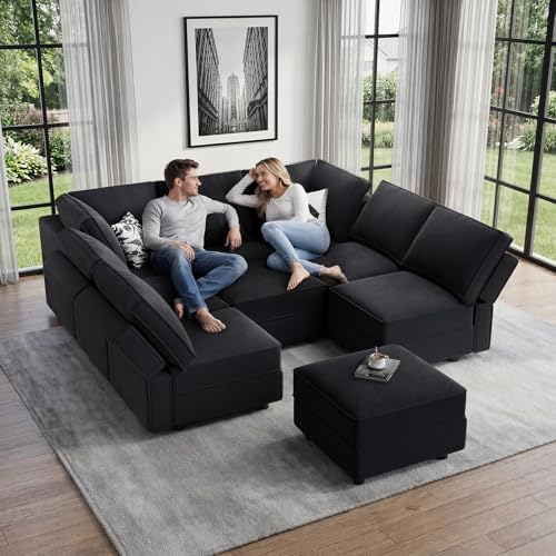 Vesgantti 92" 9 Seats Modular Sectional Sleeper Sofa with Storage, Black | FSC-certified hardwood frame, Pet-friendly velvet upholstery, Adjustable backrests and armrests, Two leg height options