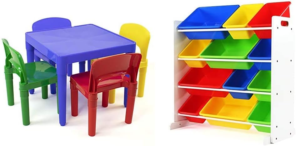 Humble Crew Kids Plastic 4 Set, Blue Table/Primary Chairs & White/Primary Kids' Toy Storage Organizer with 12 Plastic Bins