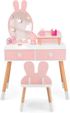 Costzon Kids Vanity, Girls Vanity Set with Mirror & Stool, 2 Large Drawers, Storage Shelf, Wooden Princess Makeup Dressing Table, Kids Vanity Table and Chair Set (Pink)