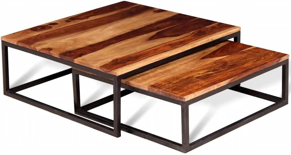 2 Piece Nesting Coffee Table Set Solid Acacia Wood | Retro Industrial Style, Metal Frame, Space Saving, for Living Room Bedroom