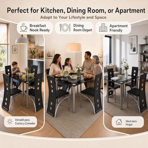 Karl home 5-Piece Dining Table Set, W/ 4 PVC Chairs & Glass Dining Table | Modern glass dining table set for 4, for kitchen & breakfast dining living room, space saving, easy assembly