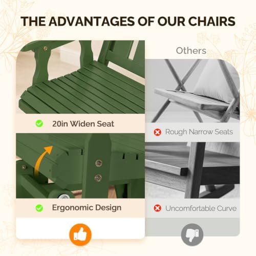 VINGLI Outdoor Glider Wood Patio Chair with Cup Holders, Outdoor Bench Glider Loveseat with Smooth Rocking Mechanism, Heavy Duty 800 LBS, Dark Green
