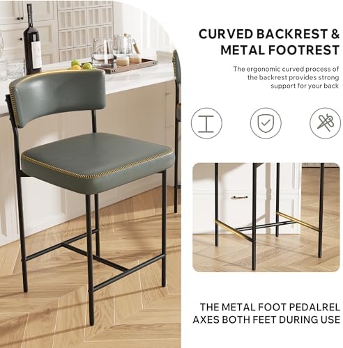 Bar Stools Set of 2, Faux Leather Counter Height Barstools with Curved Back, 25 Inch Upholstered Bar Chairs, Modern Counter Stools for Kitchen lsland, Grey