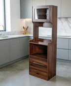Farmhouse Kitchen Pantry Storage Cabinet with Microwave Stand - Freestanding Buffet Hutch Sideboard with 2 Drawers, Open Coffee Bar Shelf & Cable Hole, Wood Buffet Server for Dining Room & Kitchen