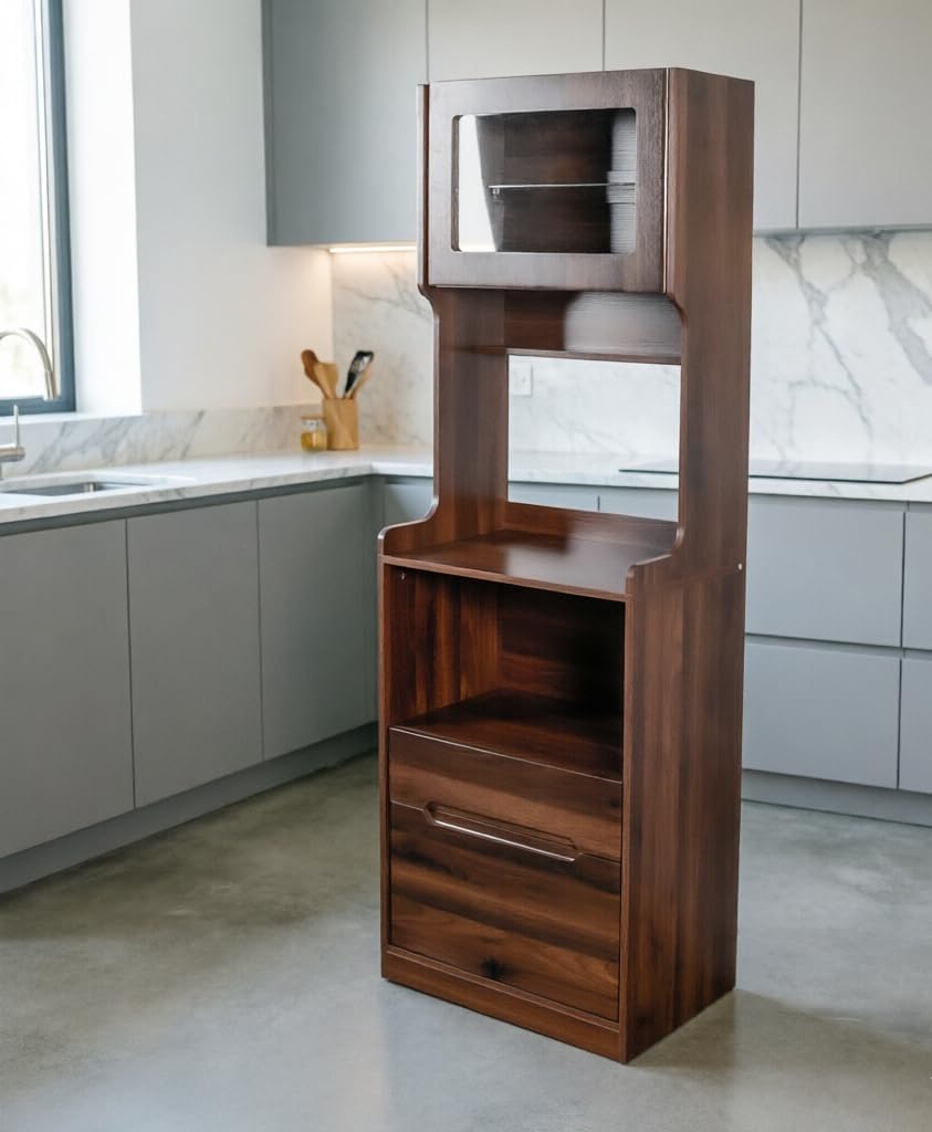 Farmhouse Kitchen Pantry Storage Cabinet with Microwave Stand - Freestanding Buffet Hutch Sideboard with 2 Drawers, Open Coffee Bar Shelf & Cable Hole, Wood Buffet Server for Dining Room & Kitchen