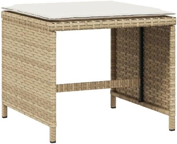 Weather Resistant Synthetic Rattan Patio Stool Set of 4 in Beige and Cream White, Compact Square Design 15.7x15.7x13.8 Inches for Outdoor Seating
