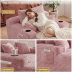 65" Oversized Chaise Lounge Chair Indoor, Chaise Lounge Chair with Cup Holders Side Pockets 3 Pillows, Cloud Corduroy Chaise Sofa Bed Sleeper Couches for Living Room No Assembly Require,Pink