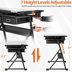 SUPER DEAL Adjustable Drafting Table Set with Charging Station, Tilting Drawing Desk Artist Desk with Stool Multifunctional Art Craft Workstation with 2 Storage Drawers, White