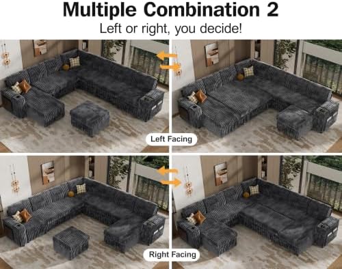 Vipbear 130" Modular Sectional Sleeper Sofa with Pull Out Bed, 9 Seat Corduroy L Shaped Couch with Ottoman and Chaise|USB Ports|Cup Holders|Side Table, Tool Free Assembly, Grey