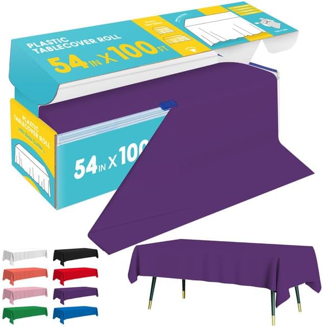 Purple Plastic Table Cover Roll - 54IN x 100FT, Table Cloth for Rectangle Table with Slide Cutter, Plastic Table Cloth Disposable with Cut-to-Size Design for Weddings, Banquets, Parties
