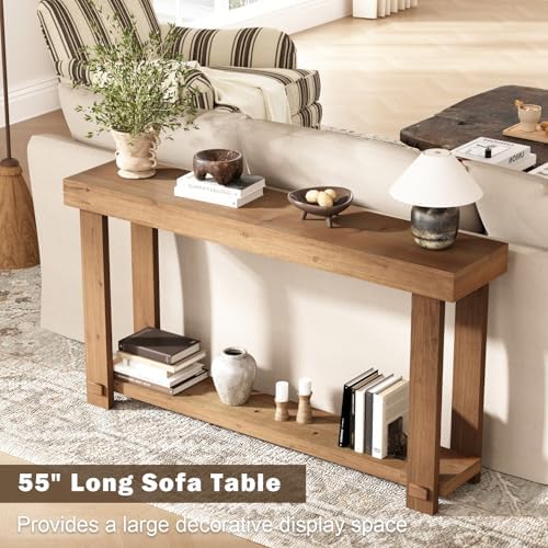 55.1" Long Solid Wood Console Table, Farmhouse Narrow Sofa Table | with Storage Shelf, Thickened Tabletop and Legs, Easy Assembly, Behind the Sofa or Couch, for Living Room, Hallway, Entry