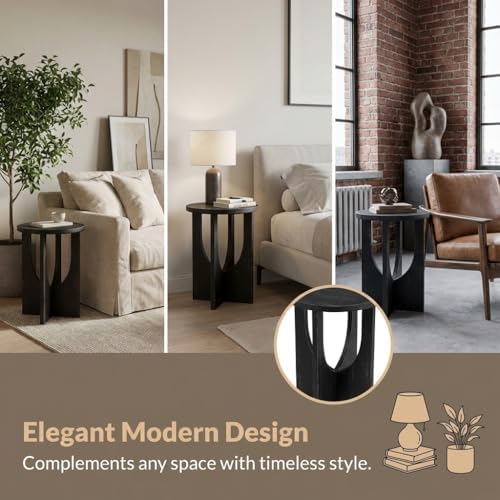 Stupa Solid Wood End Table – 22" Tall Round Side Table for Living Room or Bedroom, Handcrafted Accent Table in Distressed Black Finish, Easy Assembly, Modern Minimalist Design for Small Spaces