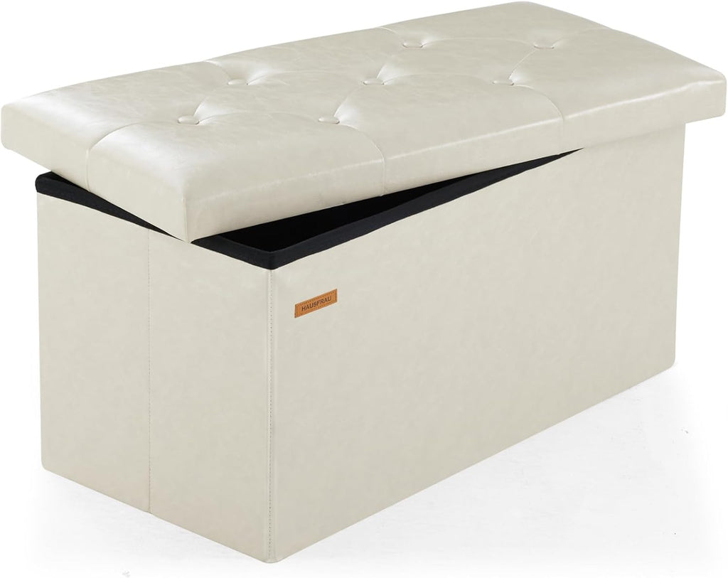 HAUSFRAU - Storage Ottoman Bench, 30 Inches Button Tufted Upholstered Ottoman Footstool with Storage for Living Room Bedroom Entryway, Load 660 lb, Synthetic Leather, Ivory