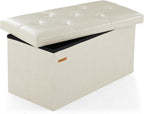 HAUSFRAU - Storage Ottoman Bench, 30 Inches Button Tufted Upholstered Ottoman Footstool with Storage for Living Room Bedroom Entryway, Load 660 lb, Synthetic Leather, Ivory