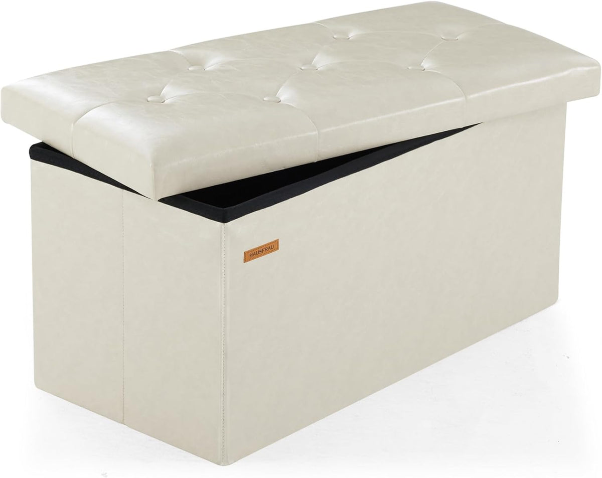 HAUSFRAU - Storage Ottoman Bench, 30 Inches Button Tufted Upholstered Ottoman Footstool with Storage for Living Room Bedroom Entryway, Load 660 lb, Synthetic Leather, Ivory