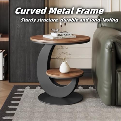 Round Sofa Side Table with 2 Storage Shelves, Vintage Wooden End Tables, Small Bedside Nightstand, Drink Table, Accent Tables for Living Room, Bedroom, Apartment, Small Spaces(Beige,15.7''x23.6'')