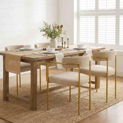 Boucle Dining Chairs Set of 4 with Arms, Mid Century Modern Upholstered Dining Chairs for Kitchen & Dining Room, Curved Backrest, Gold Metal Frame (Taupe/Sand)