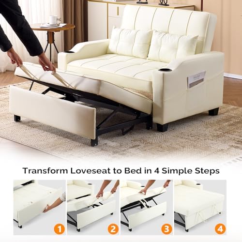 VINGLI Convertible Loveseat Sleeper Sofa Bed, Pullout Couch for Living Room | Beige Futon Sofa Bed, Faux Leather Pull-Out Couch Bed with USB Ports, Cup Holders for Small Space, Apartment, Office