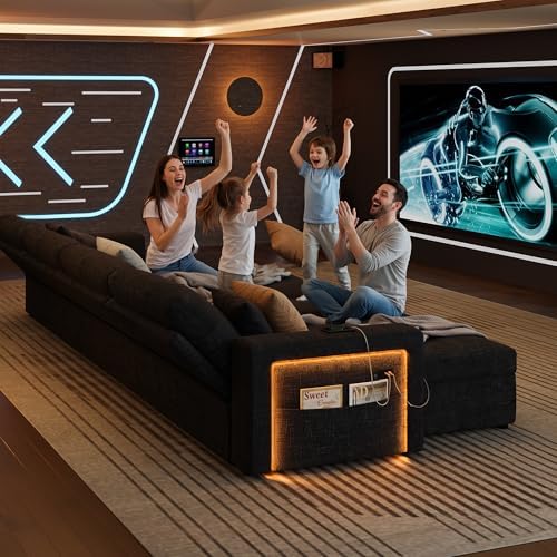 107'' LED U-Shaped Sectional Couch for Living Room, Sleeper Sofa Bed, Black | Comfy Chenille Cloud Couch, Pull Out Bed, Storage Chaise, 5-level Adjustable Backrest, USB Charging, 2 Pillow,1100LB Capacity