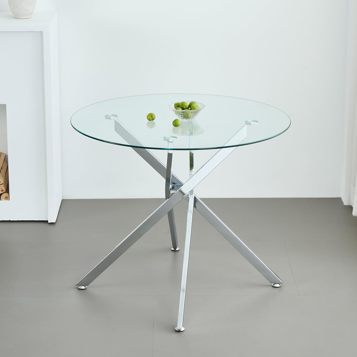 Modern Dining Table for 4-6 People, 47" Round Dining Table with Silver Chrome Metal X-Base, Circle Tempered Glass Dining Room Table, Small Kitchen Dining Room Tables Dinner Tables