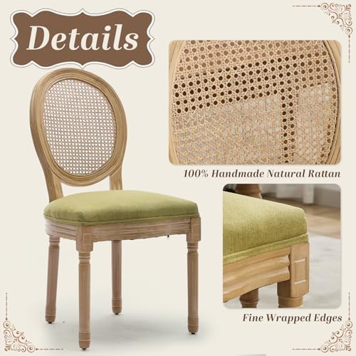 SoarFlash French Dining Chairs Set of 4, Vantage Dining Chair with Round Back, Wood Leg Farmhouse Country Rattan Dining Chair for Kitchen,Bedroom,Green