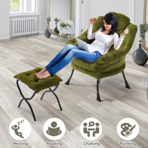 Lazy Chair with Folding Ottoman,Leisure Sofa Chair,Soft Fabric Armchair with Armrests and Side Pockets, Reading Chair with Footrest for Living Room, Bedroom, Office (Plush Green)