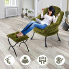 Lazy Chair with Folding Ottoman,Leisure Sofa Chair,Soft Fabric Armchair with Armrests and Side Pockets, Reading Chair with Footrest for Living Room, Bedroom, Office (Plush Green)