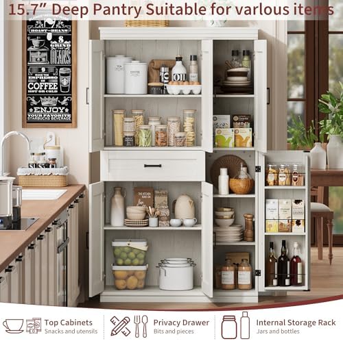 Garvee 70" Tall Kitchen Pantry Storage Cabinet,Modern Kitchen Hutch Cabinet | with Doors and Shelves, Freestanding Food Pantry with Large Storage Drawer for Dining Room and Household Organization