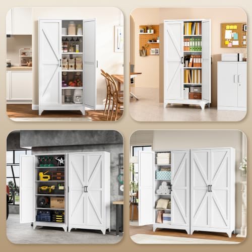 Yizosh Metal Storage Cabinet with Doors and 4 Adjustable Shelves - 75" White Kitchen Pantry Storage,4-Tier Tall Steel Cabinet Locker for Kitchen,Living Room,Dining Room