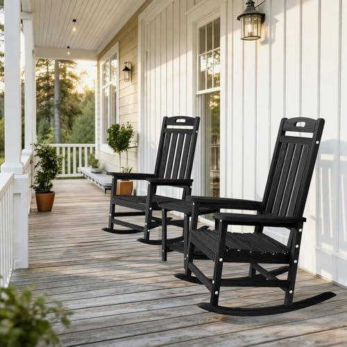 Oversized Outdoor Rocking Chair, HDPE Plastic High Back Rocking Chairs | Wood Grain, Heavy-Duty Patio Rocker, All Weather Outdoor Porch Chair, Lawn Chair for Outside, Deck, Fire Pit, Black