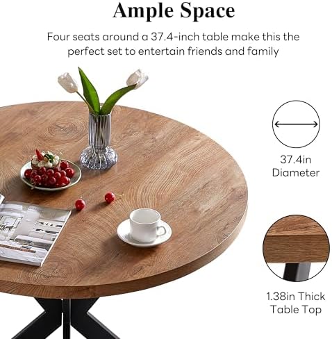 NORDICANA 5 Piece Dining Table and Chair Set, 37-Inch Engineered Wood Round Table Set, Light Brown Fuzzy Sherpa Armchairs with Black Metal Leg for Small Spaces