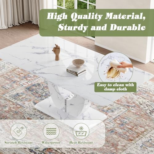 JUFU Modern 71" Faux Marble Dining Table for 6 to 8 People, Large Rectangular Kitchen Table with White Elegant U-Shaped Pedestal Base, Executive Furniture for Dining Room and Office