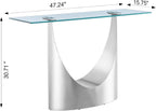 Luxury Silver Glass Console Table, Modern 47" Rectangle Entryway Table with Mirrored U-Shape Stainless Steel Base, Clear Glass Sofa Tables Behind The Couch Hallway Tables for Living Room