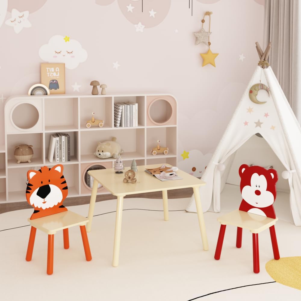 3 Pieces Kids Table and Chairs Set- Wooden Toddler Activity Table and 2 Chair Set with Bear and Tiger Chairs, Play Drawing Table for Daycare Classroom Nursery Home, Natural