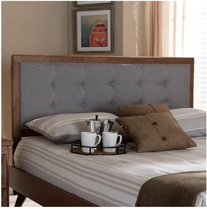 HomeStock Upholstered Headboard, Walnut Brown, Wall Mount, Mid-Century Modern Style Queen/Light Gray