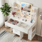 Furmax Vanity Desk with Mirror and LED Lights, White with Bench | Makeup Vanity Table with 3 Lighting Color, Adjustable Brightness, Vanity Table with 2 Drawers, Side Storage, for Bedroom