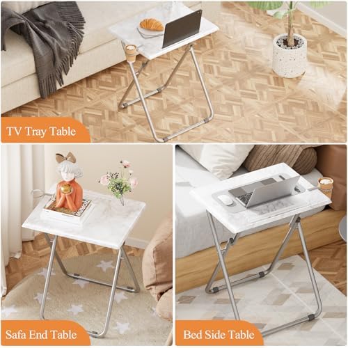 TV Tray Table,Folding Table with Cup Holder Portable,Foldable Snack Tray for Eating,Small Folding Tables Set of 2,Dinner Tables for Couch, Living Room,Small Space (White Marble,2Pcs)