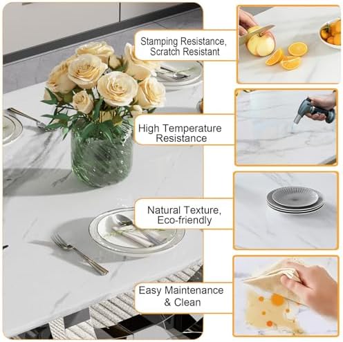 7 Piece Marble Dining Table Set for 6, 69.3" White Silver Kitchen Table with 6 Blue Chairs,Modern Rectangle Dinner Table and Chairs Set with U-Shaped Stainless Steel Base for Dining Room