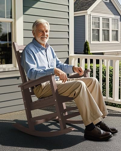 SERWALL Outdoor Rocking Chair Set of 2, HDPE Rocker for Adults, Brown | 21.1" Widened Seat adds Extra Comfort, Oversized Rocking Chair for Adults, All Weather Porch Rocker for Lawn Garden
