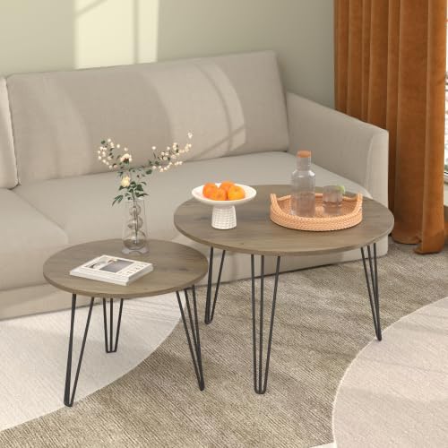 Round Nesting Coffee Tables Set of 2, Marble Grain Top Modern Side Tables | Modern Nesting Coffee Tables, Circular Marble Effect Tabletop Stackable End Tables, Hairpin Leg Side Table for Home Decor
