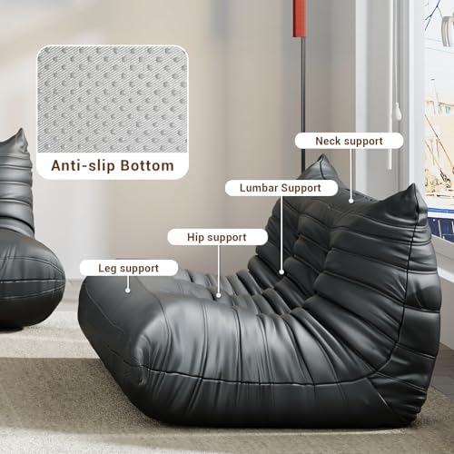 Comfy Lazy Floor Sofa Couch,Soft Armless Chair,Faux Leather Lounge Chair,Corner Relax Sofa Couch for Living Room Bedroom,Salon Office,Adults（Black+3 Seat