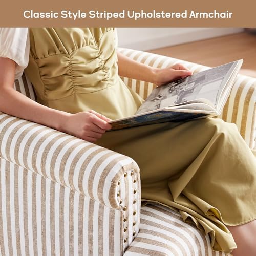 HUIMO Linen Fabric Accent Chair, Mid-Century Modern Armchair with Solid Wood Legs, Single Sofa Chair,Upholstered Reading Club Chair (1, Brown and White Stripe)