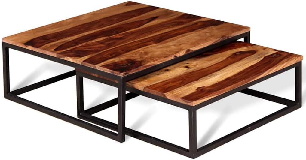 2 Piece Nesting Coffee Table Set Solid Acacia Wood | Retro Industrial Style, Metal Frame, Space Saving, for Living Room Bedroom