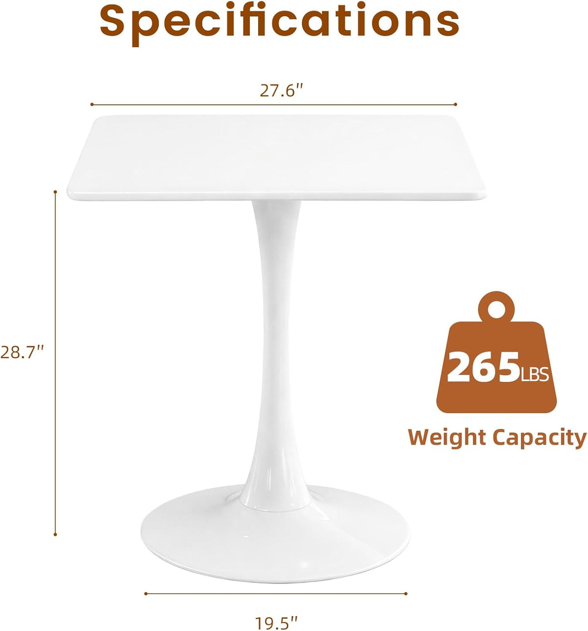 Square Dining Tulip Table for 4, Mid-Century Modern Table with Sturdy Metal Pedestal for Kitchen, Bistro, Cafe, Leisure (White, 27.6 INCH)