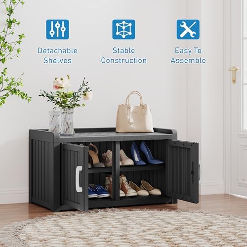 2-Tier Storage Bench, Waterproof UV-Resistant Outdoor Shoe Storage Cabinet with 2 Doors & Adjustable Shelves for Indoor Outdoor Entryway, Hallway, Living Room (Black)