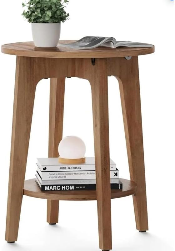 Wood Side Table, Round Coffee Table, Small Round End Tables with Lower Shelf, Nightstand, Plant Stand, Handmade Wood Furniture for Decoration Bedroom Sitting Room Cafe